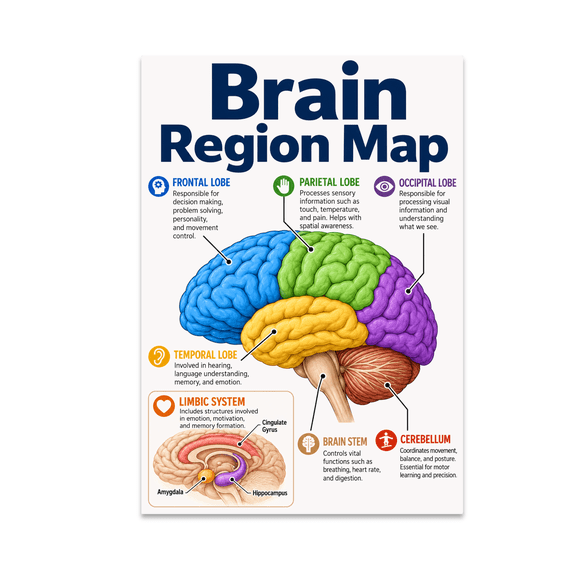 Brain Region Map Wall Decor - Brain Anatomy Enthusiast - 13x19 Poster Print
