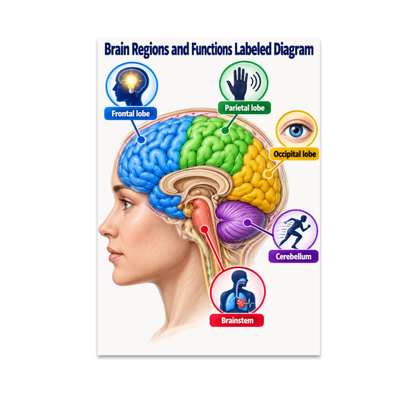 Brain Regions and Functions Labeled Diagram - STEM Students - 13x19 Poster Print