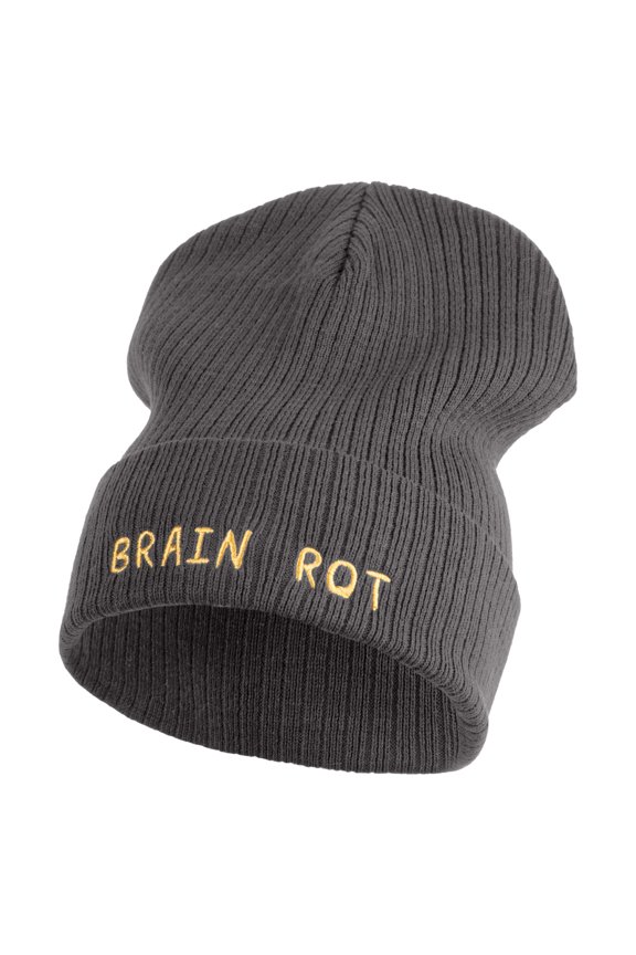 Brain Rot Logo Embroidered Big Size Cuff Long Beanie - Charcoal OSFM