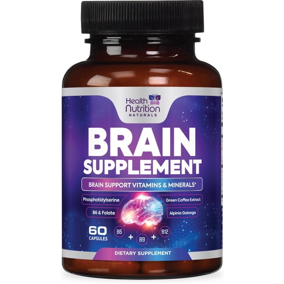 Brain Memory Supplement - 3X Strength Nootropics for Concentration, Clarity & Focus Support - Brain Health Cognitive Vitamins B6 & B12 with Phosphatidylserine & Folate, Brain Booster, 60 Capsules