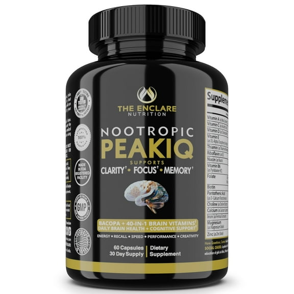 Brain Support Supplement for Memory, Focus, Clarity - Nootropic Brain Booster Brain Vitamins - The Enclare Nutrition PeakIQ - 60 Capsules