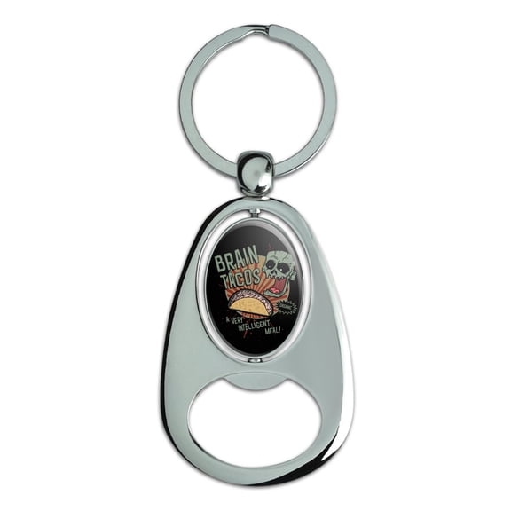 Brain Tacos Keychain Chrome Metal Spinning Oval Bottle Opener