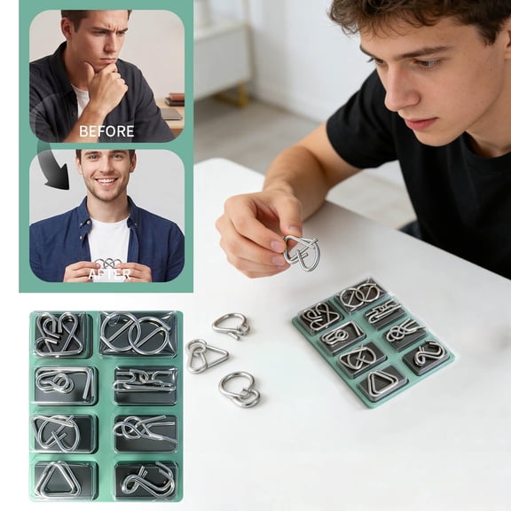 Brain Teaser Puzzles for Adults, Metal Puzzles for Adults, Stainless Steel Wire, 3 In, Mind Puzzles for Adults, Unlocking Challenge, Birthday Gift Set, Desk Display, 8 Pc, 1 Set