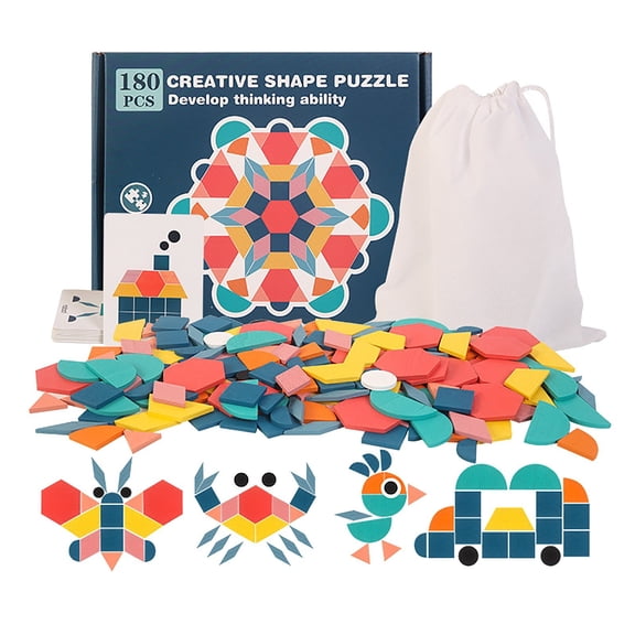 Brain Teaser Wooden Puzzle 180 Pcs Creative Shape Logic Board Game with Pattern Cards for Adult Student Home Desk Hobby Craft