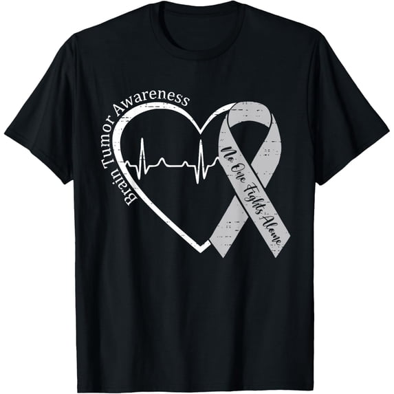 Brain Tumor Awareness Grey Ribbon Heartbeat T-Shirt No One Fights Alone Support Graphic Tee Inspirational Warrior Apparel for Men Women