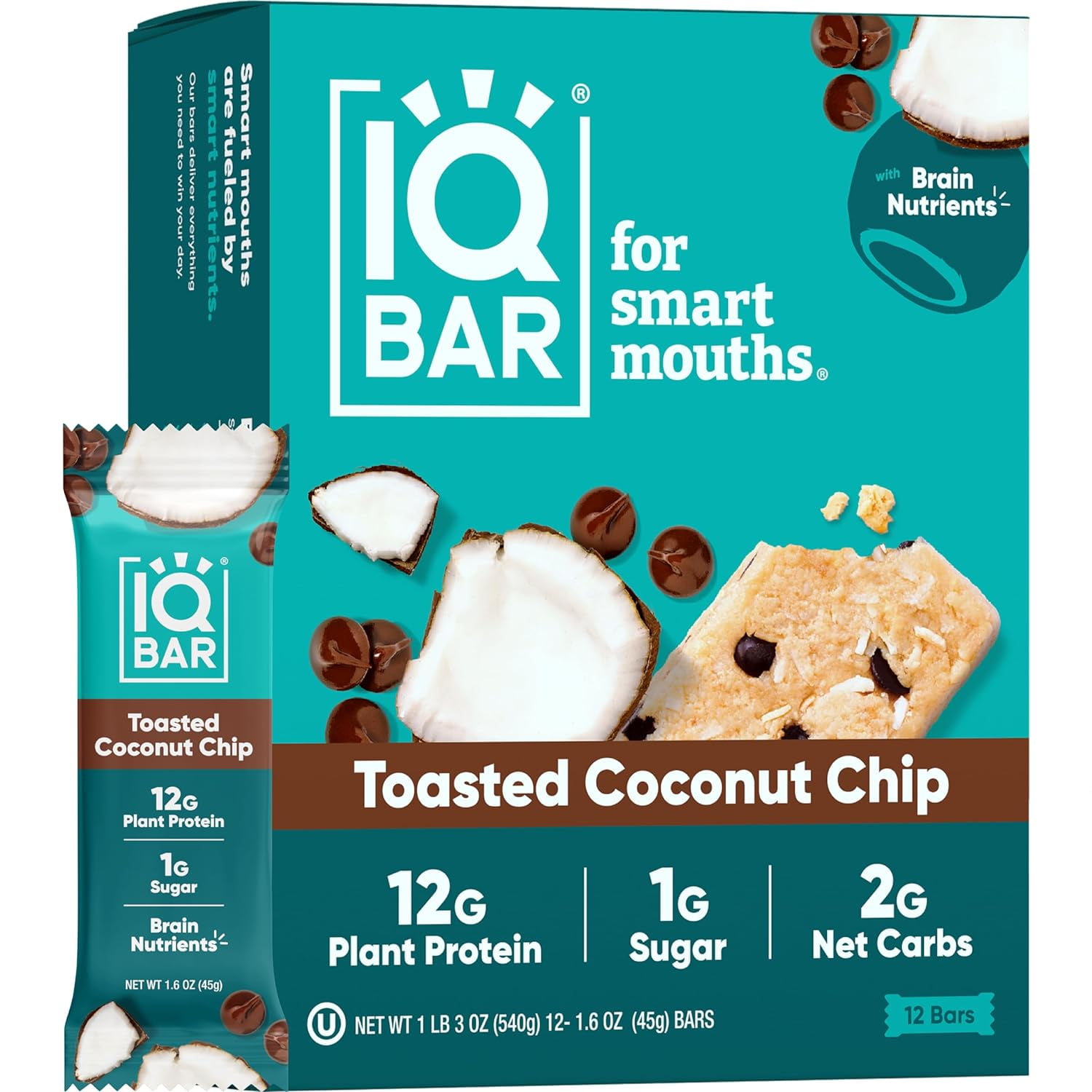 Brain and Body Plant Protein Bars - Toasted Coconut Chip - 12 Count, Low Carb, High Fiber, Gluten Free, Vegan Snacks - Low Sugar Keto Energy Bar