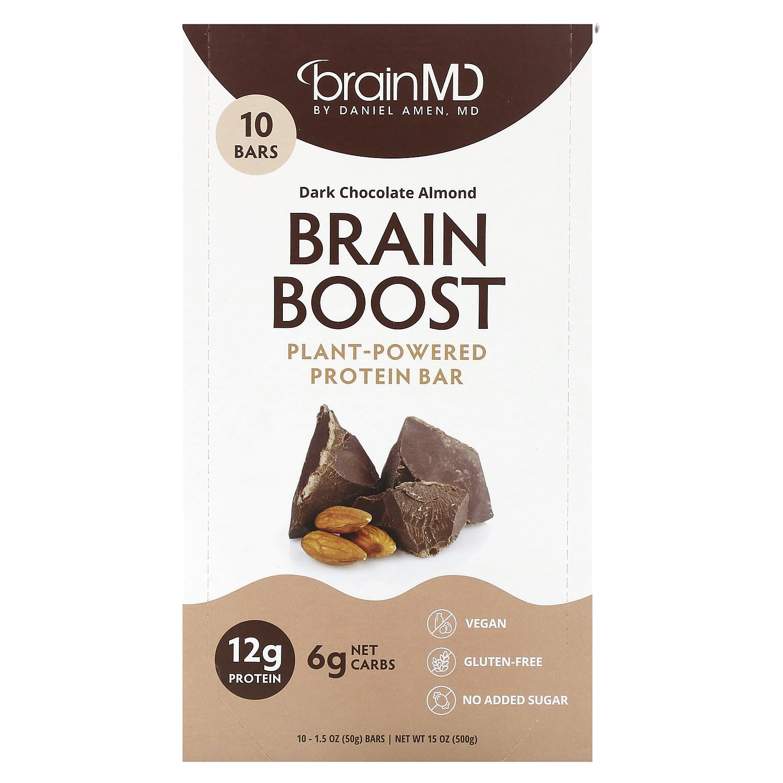 BrainMD Brain Boost, Plant-Powered Protein Bar, Dark Chocolate Almond, 10 Bars, 1.5 oz (50 g) Each