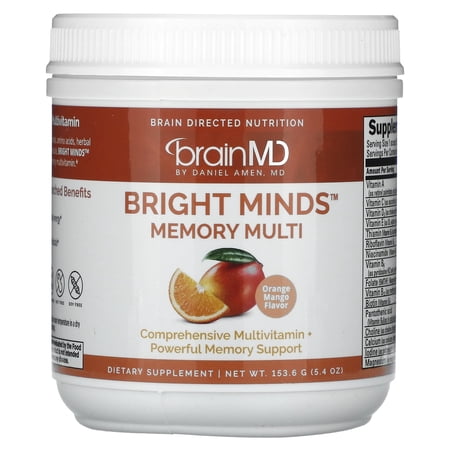 Dr Amen BrainMD BRIGHT MINDS Memory Multi, Orange Mango Flavor - 5.4 oz Powder - Multivitamin & Memory Support - Gluten Free, Sugar Free - 30 Servings