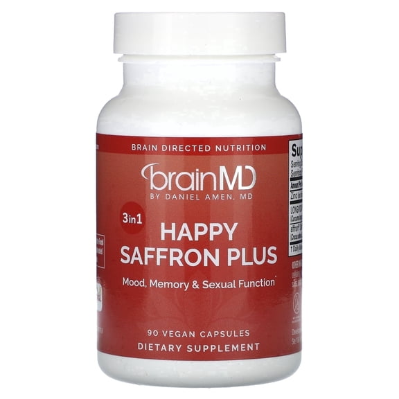 BrainMD Happy Saffron Plus Mood Support Supplement, Saffron Extract, Curcumin and Zinc, Vegan Capsules, 90 Count
