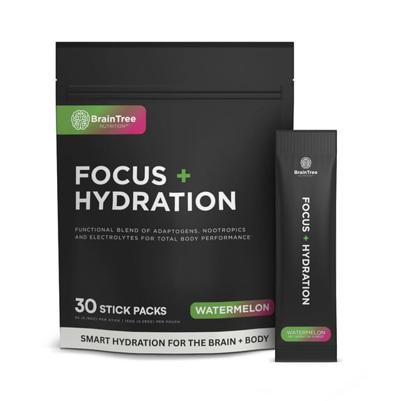 BrainTree Nutrition - Focus + Hydration - Nootropic Electrolyte Drink Mix - Total Body Hydration - Supports Cognitive Function, Energy & Muscle Recovery - Sugar Free - Watermelon - 30 Stick Packs
