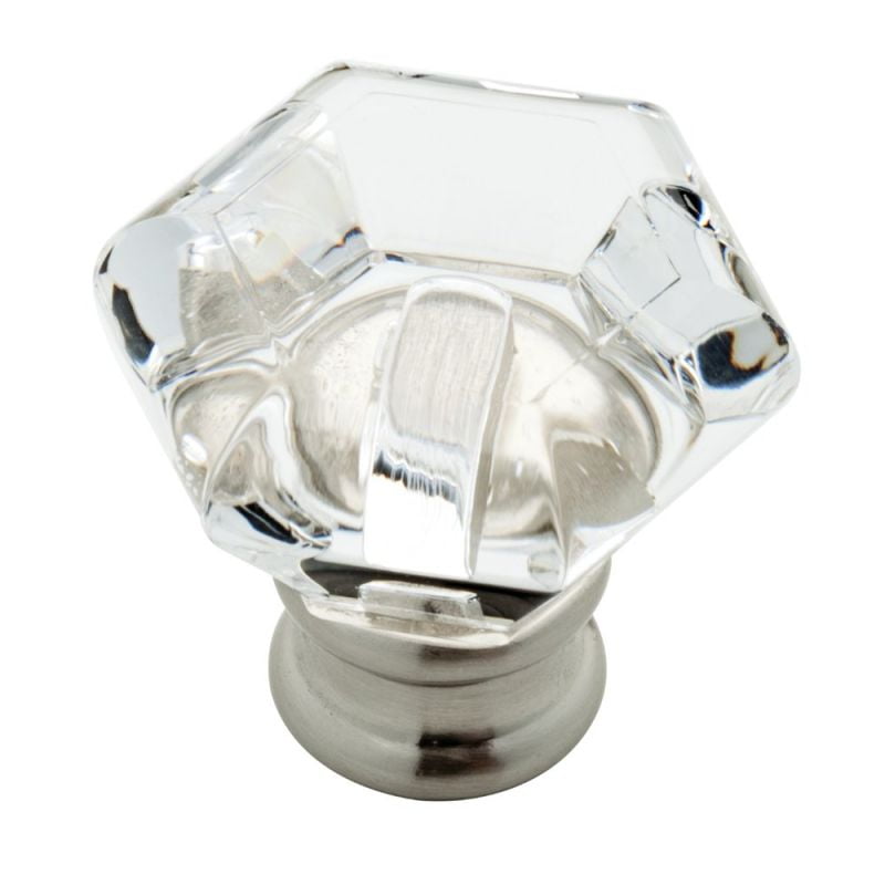 Faceted Clear Acrylic and Brushed Nickel Hexagonal Knob