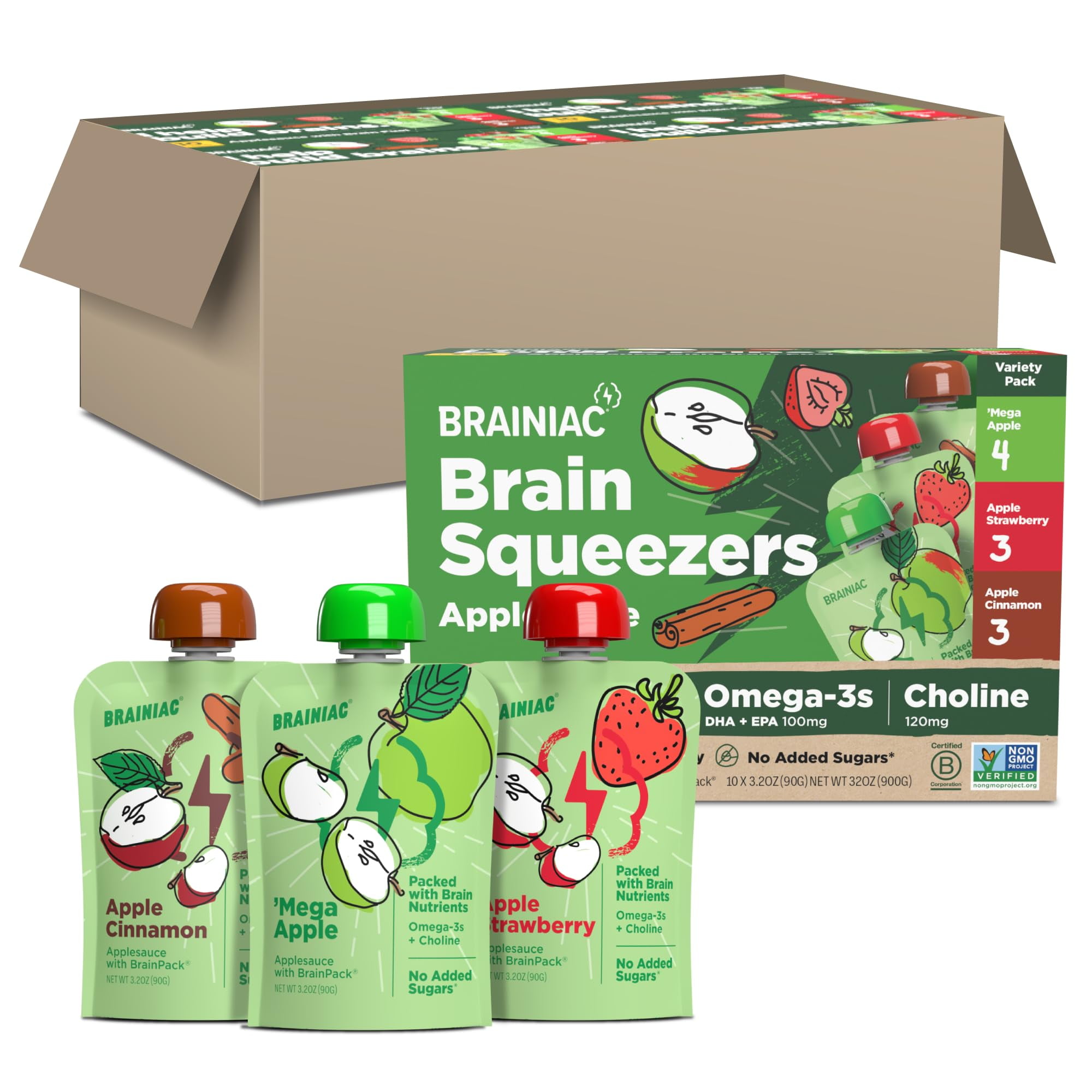 Brainiac Applesauce Variety Pack OIF8 Pouches, Apple, AppleCinnamon