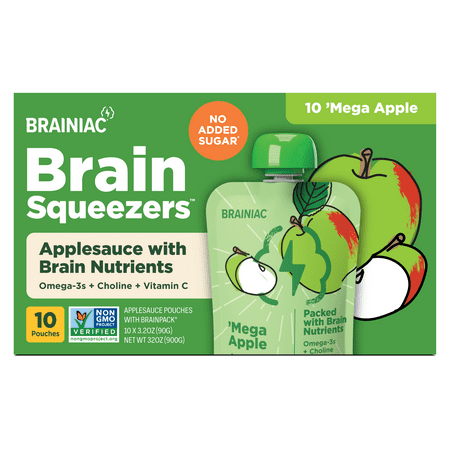 Brainiac Brain Squeezers Applesauce with Omega-3s, Apple, No Sugar Added, 3.2 oz, 10 Ct