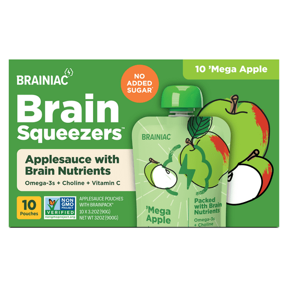 Brainiac Brain Squeezers Applesauce with Omega-3s, Apple, No Sugar Added, 3.2 oz, 10 Ct