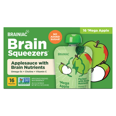 Brainiac Brain Squeezers Applesauce with Omega-3s, 'Mega Apple, No Sugar Added, 3.2 oz, 16 Ct