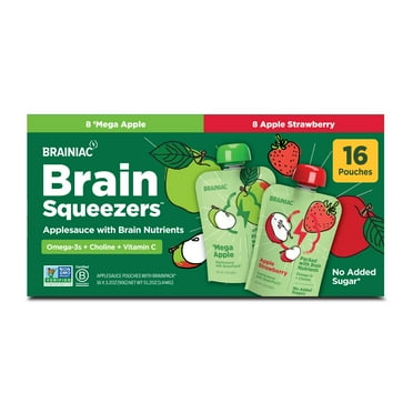 Brainiac Brain Squeezers Applesauce with Omega-3s, 'Mega Apple and Strawberry, No Sugar Added, 3.2 oz, 16 Ct