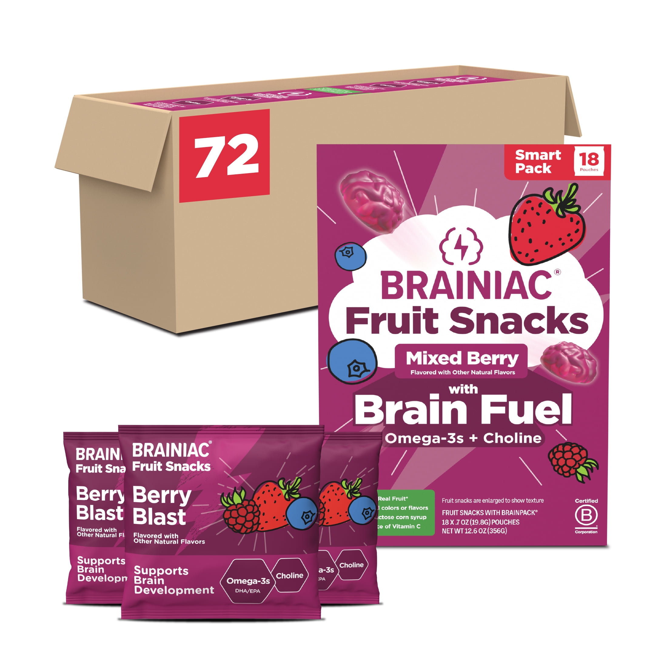 Brainiac Soft Fruit Snacks with BrainPack, Mixed Berry Flavor, 72ct