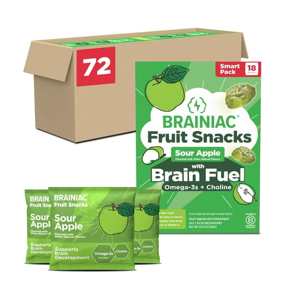 Brainiac Fruit Snacks with BrainPack, 'Mega Apple Flavor, 72 Count
