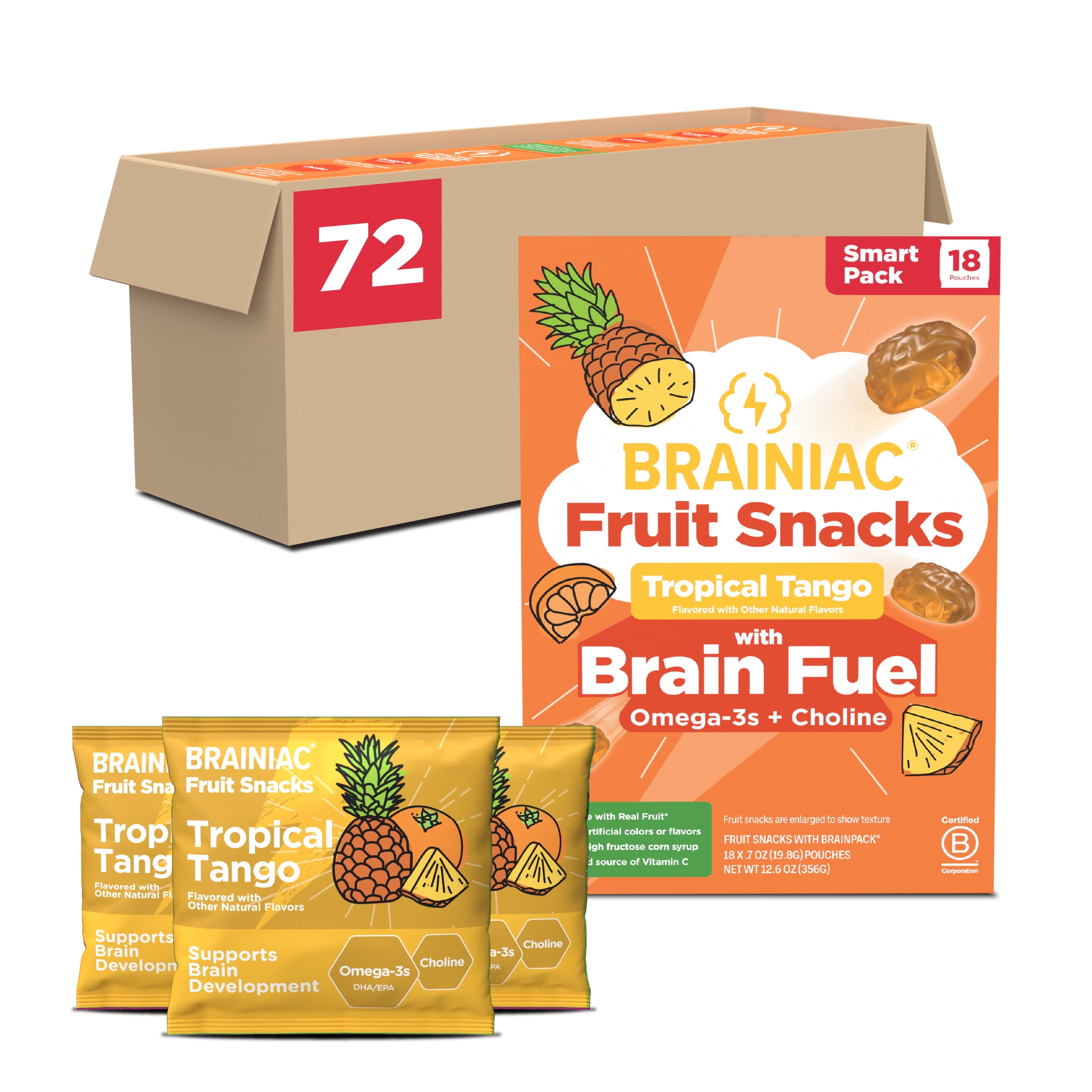 Brainiac Soft Fruit Snacks with BrainPack, Tropical Flavor, 72 Plastic Packets