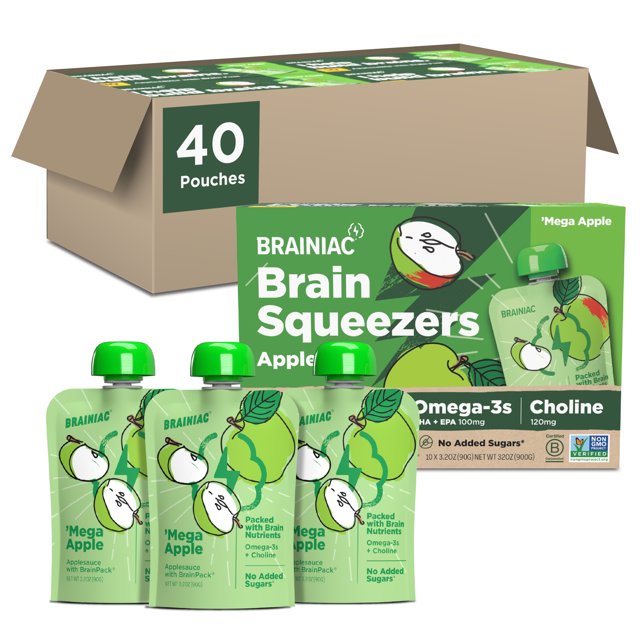 Brainiac Omega3 Applesauce, Apple, No Sugar Added, 3.2 oz, 40 Ct