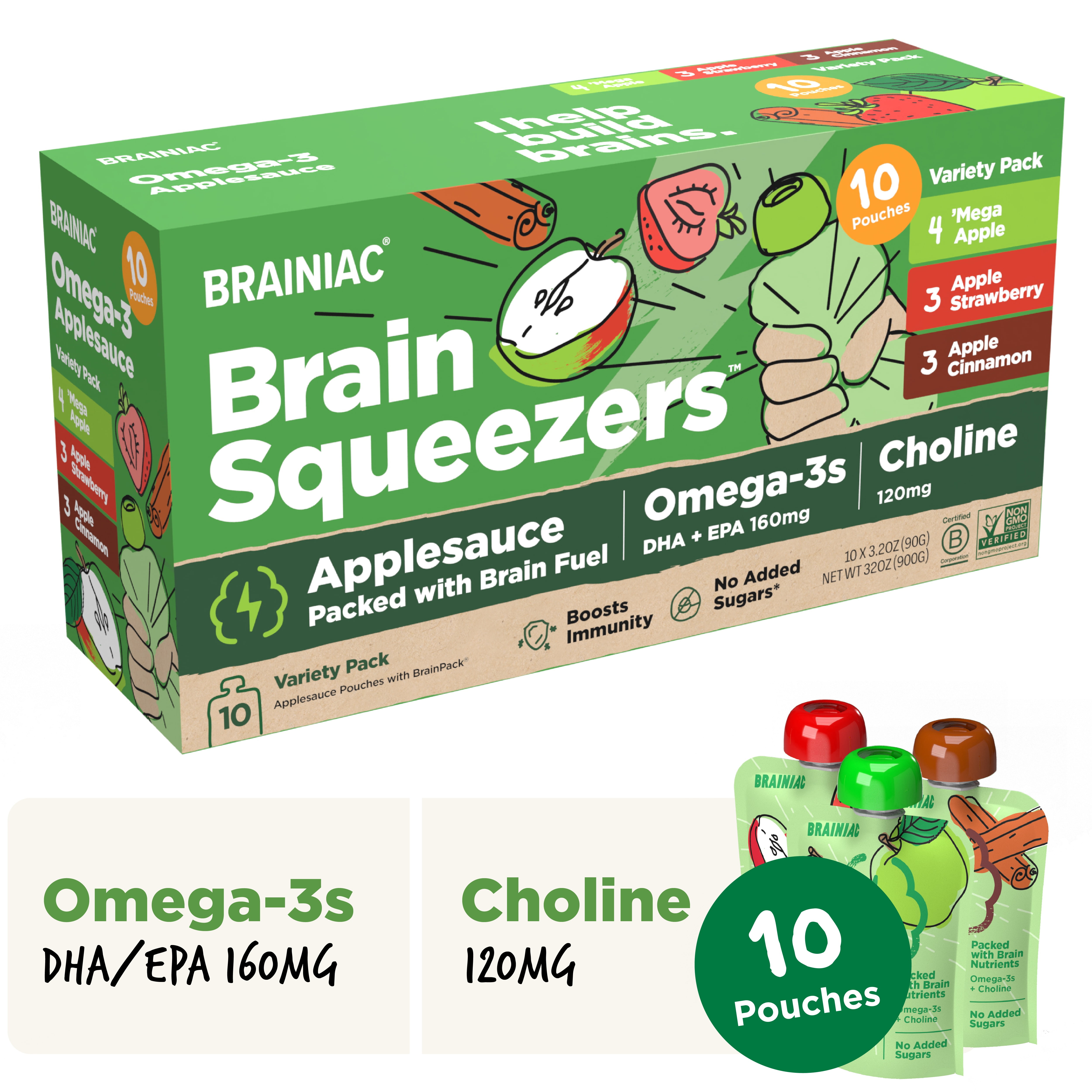 Brainiac Omega3 Applesauce, Variety Pack, No Sugar Added, 3.2oz, 10 Ct