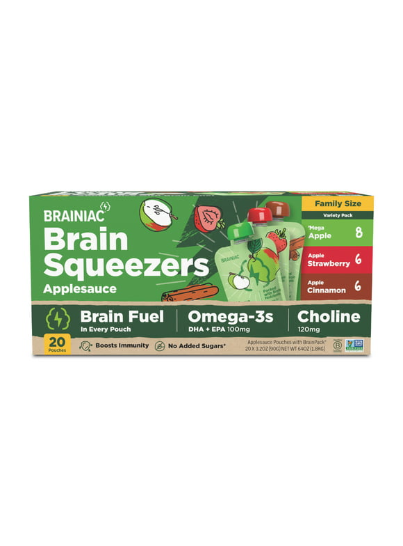 Brainiac Omega-3 Applesauce Variety Pack, No Sugar Added, 3.2oz, 20 Ct