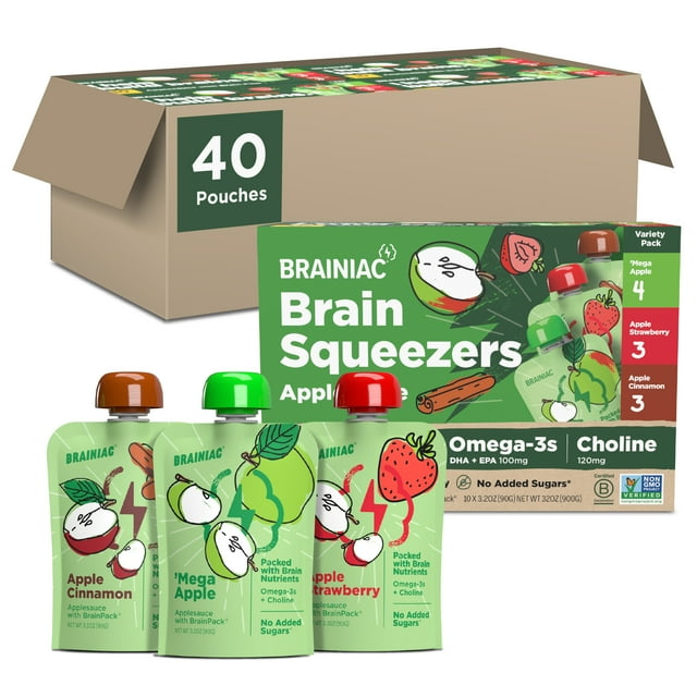 Brainiac Omega3 Applesauce Variety Pack, No Sugar Added, 3.2oz, 40 Ct