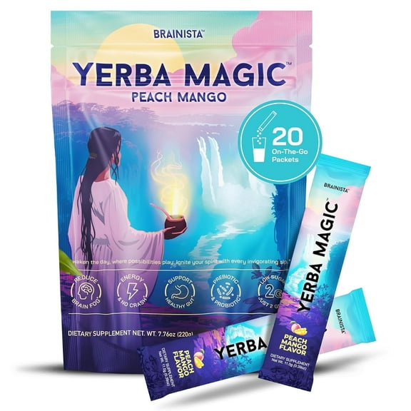 Brainista Yerba Magic – Peach Mango 3-in-1 Wellness Drink, 20 Sticks