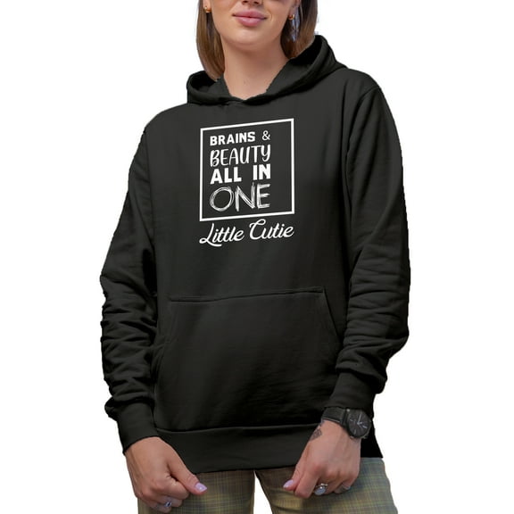 Brains & Beauty, All in One Little Cutie, Beauty Themed Merch Gift for Makeup Artist or Lovers, Cosmetologists & Beauticians, Black Hooded Sweatshirt or Hoodie, Small