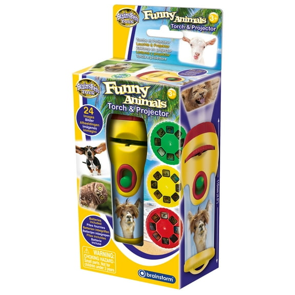 Brainstorm Toys: Funny Animals Torch & Projector - Handheld Flashlight & Image Casting Toy, 24 Themed Images, 39" Projection, 3 Slides, Kids Ages 3+