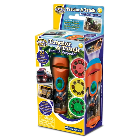 Brainstorm Toys: Tractor & Truck Torch & Projector - Handheld Flashlight & Image Casting Toy, 24 Themed Images, 39" Projection, 3 Slides, Kids Ages 3+