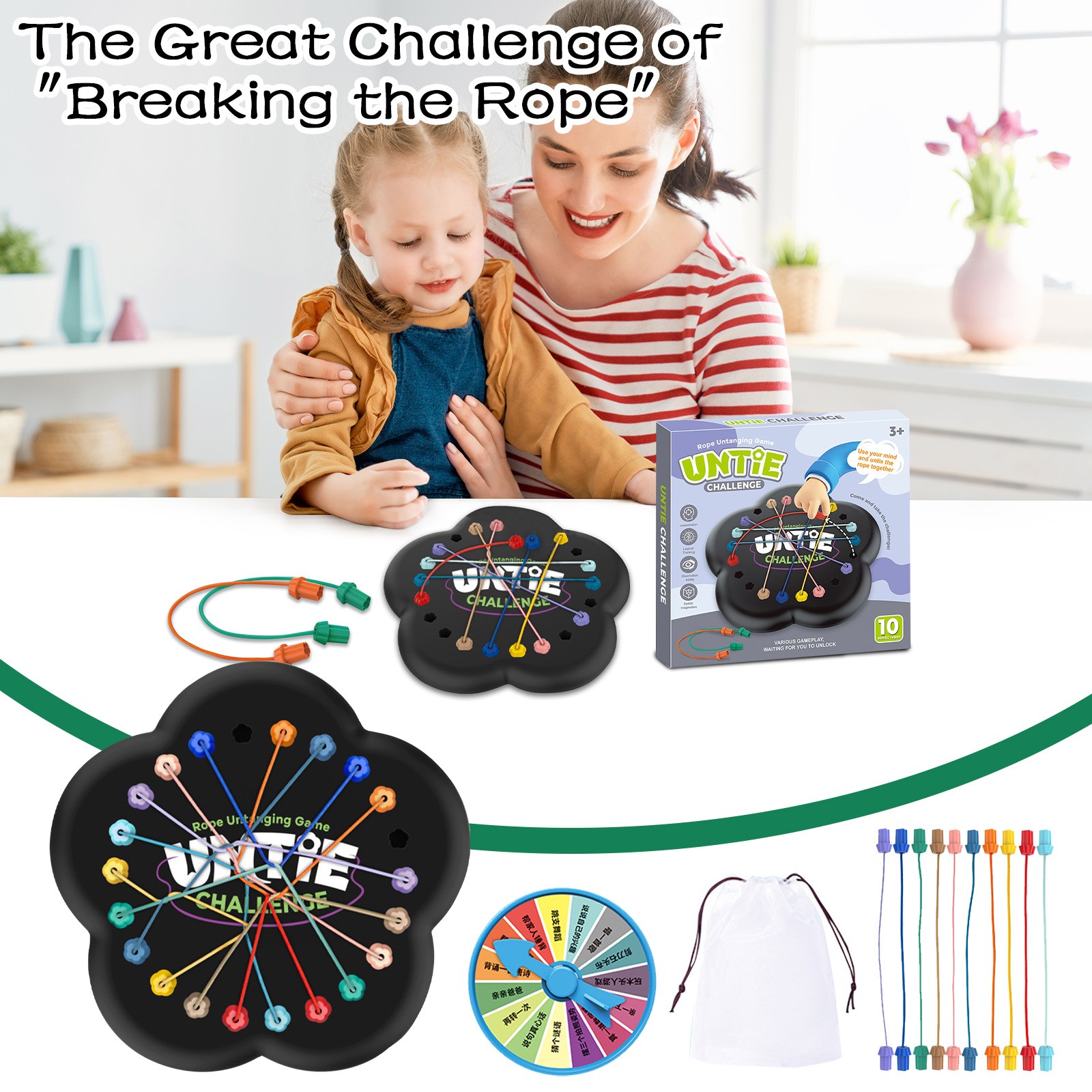 Jeu De Puzzle à Corde Brainy Knots - 10 Cordes Colorées, Plateau Rond, 3 Niveaux De Difficulté, Pour Enfants Et Adultes