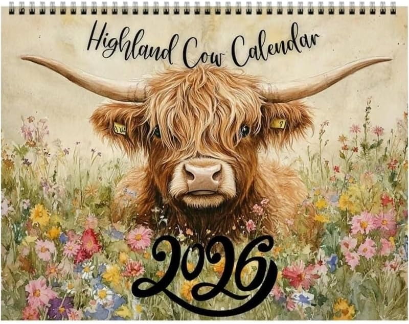 Brainybites Clearance 2026 Highland Cow Wall Calendar, Watercolour Cows Monthly Planner Scottish Wall Art Decor