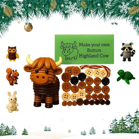 Brainybites  DIY Button Highland Cow Craft Kit, Animal Theme Fun Christmas Button Christmas Tree Ornament Kit with Turtle, Owl, Rabbit, DIY Ornaments Kits