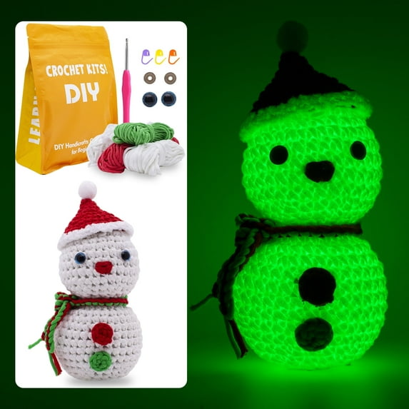 Brainybites Crochet Kit Snowman, Learn to Crochet, Include Easy Glow in Dark Yarn, Step-by-Step Video Tutorial, Hook, Holiday Christmas Gift for Adults and Kids