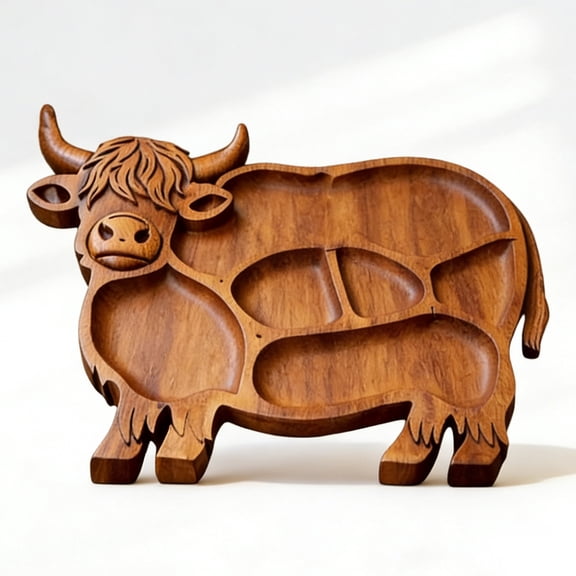 Brainybites Highland Cow Plates Wooden Serving Platter Rustic Decorative Salad Plates Wood Charcuterie Tray for Dinner Dessert Appetizer Candy Bread Display Parties Holidays