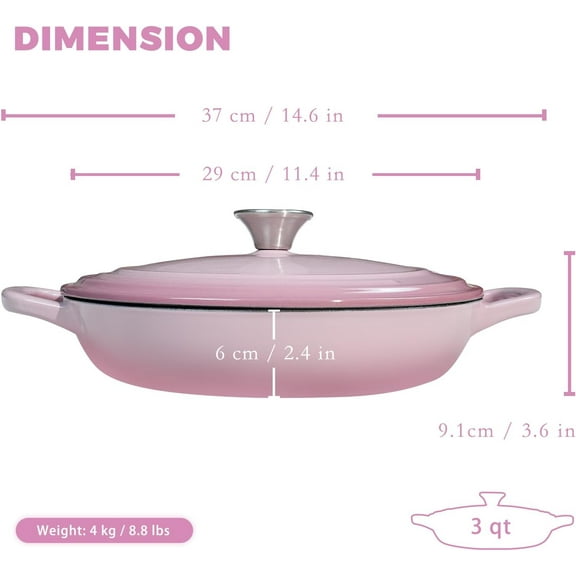 Braiser Enameled Cast Iron 3 Qt Braiser Pan with Lid Pink Shallow Cast Iron Casserole with Handles