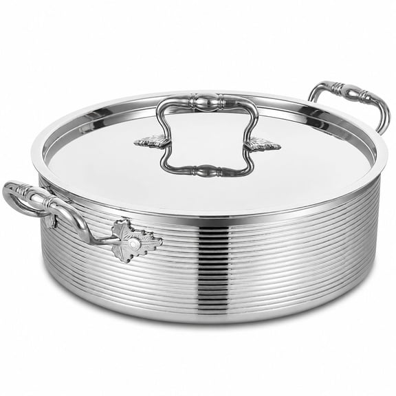 Braiser Rondeau Pot with Lid, 7 QT, Silver Stainless Steel, Riveted Handles, for Induction, Electric, and Gas Stovetops
