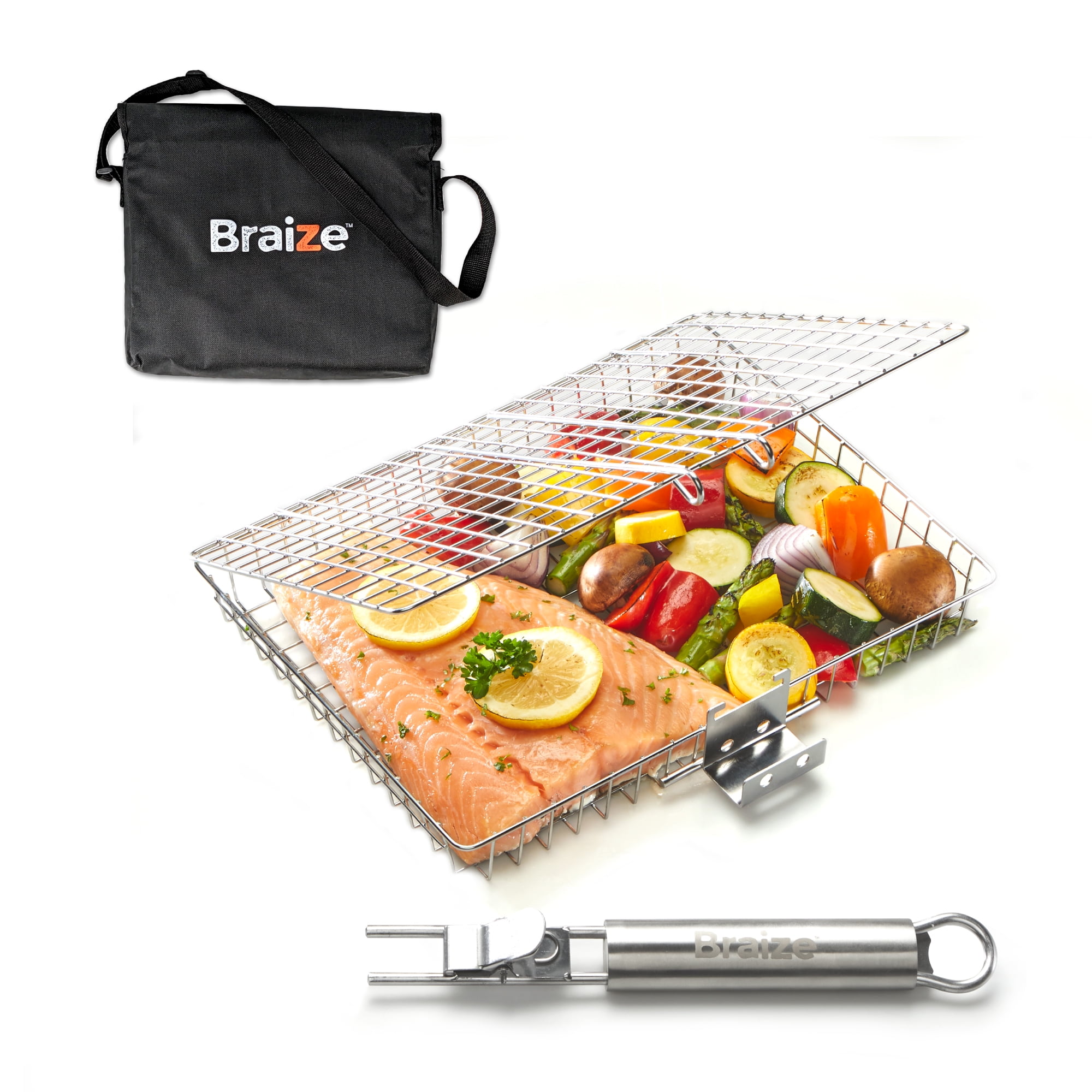 Braize 12" BBQ Grill Basket with Removable Handle and Builtin Bottle
