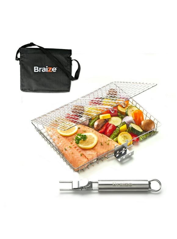 Braize 12" BBQ Grill Basket with Removable Handle and Built-in Bottle Opener, Stainless Steel Outdoor Cooking Grill Accessory