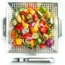 Braize 14" Stainless Steel Grill Basket for Veggies with Removable Handle and Built-in Bottle Opener, BBQ Grill Topper