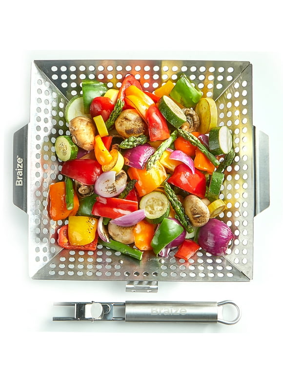 Braize 14" Stainless Steel Grill Basket for Veggies with Removable Handle and Built-in Bottle Opener, BBQ Grill Topper