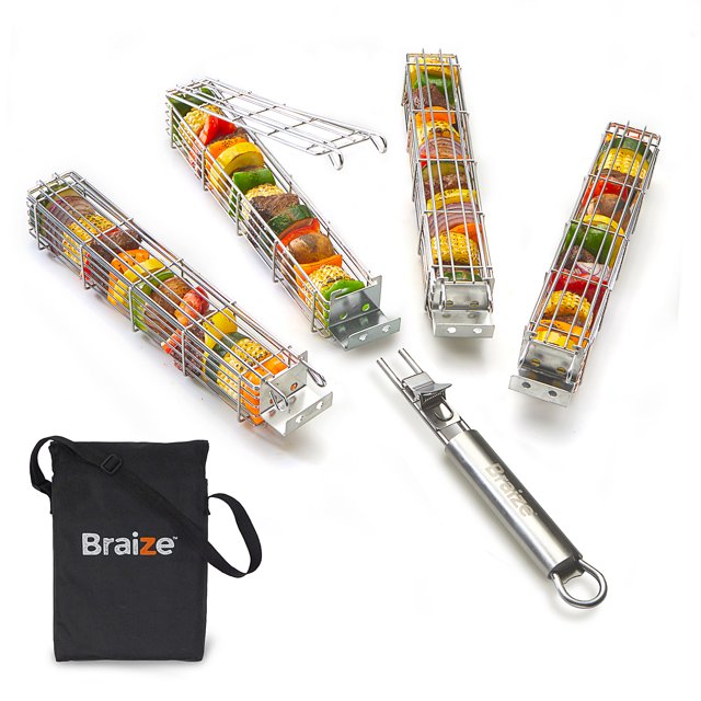 Braize 4 Pieces Large Kabob Grilling Basket for Veggies with Removable