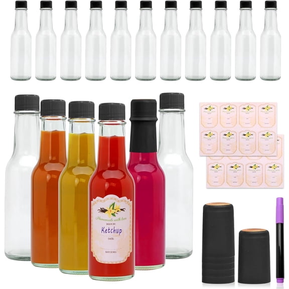 Brajttt 16 pcs 5oz Hot Sauce Glass Bottles with Black Cap,Clear Oil Bottle for Kitchen,Empty Small Bottles with Shrink Wrap Capsule,Home Brewing Wine & Juicing Bottles For Bordeaux Wine,Beverage