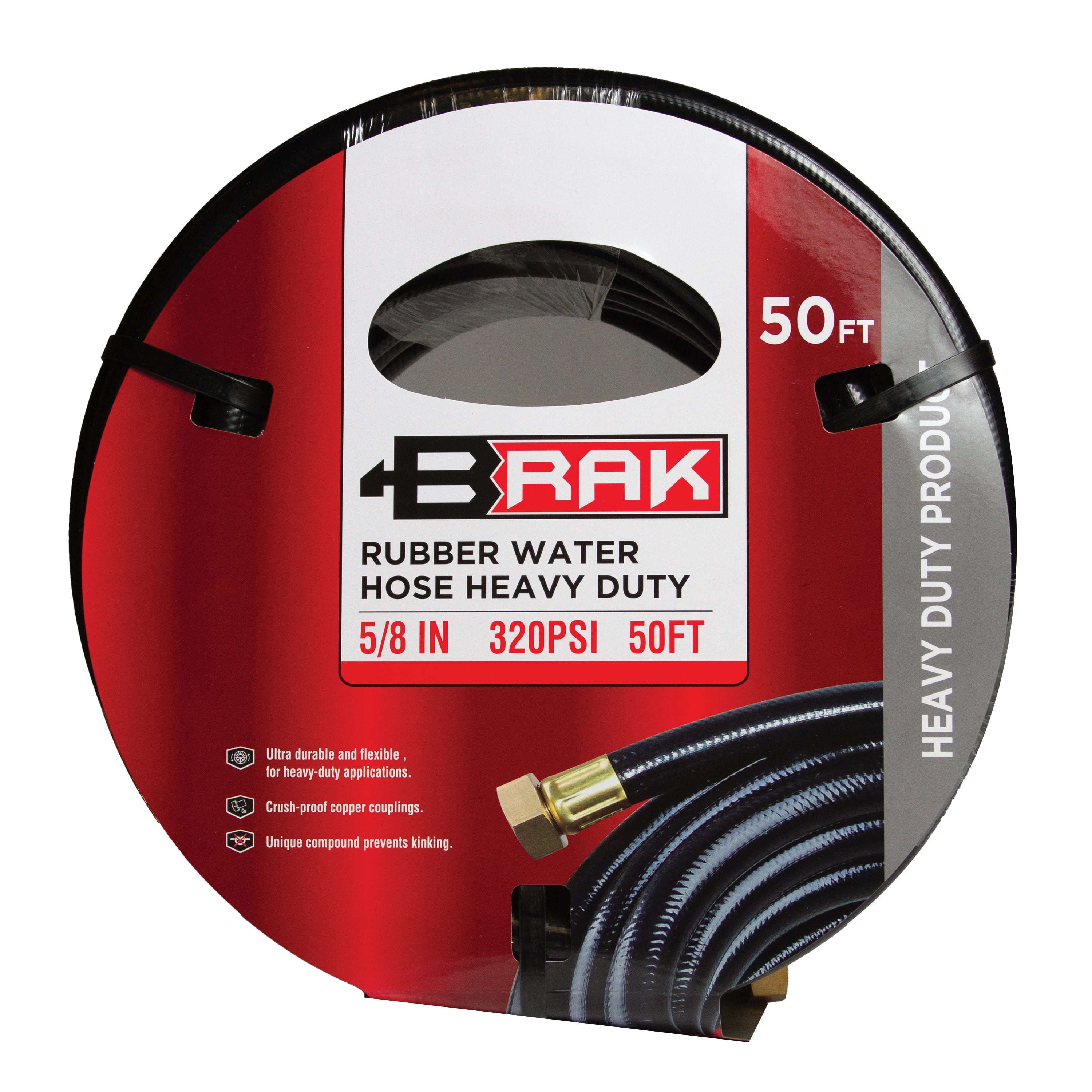 Brak Heavy Duty 5/8 in Rubber Water Hose, 320 PSI, 50 ft, Ideal for Harsh Environments and Weather Conditions