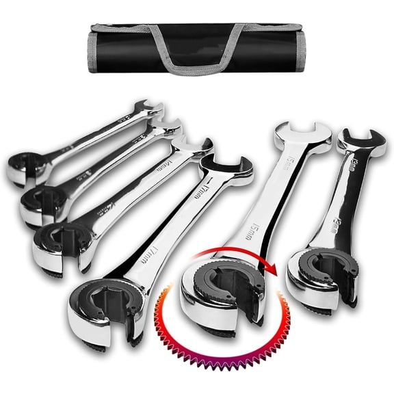 Brake Line Wrench Set: Metric 10-17mm - Ratcheting Open-end for Nuts on Fuel, Brake or Air Conditioning Lines