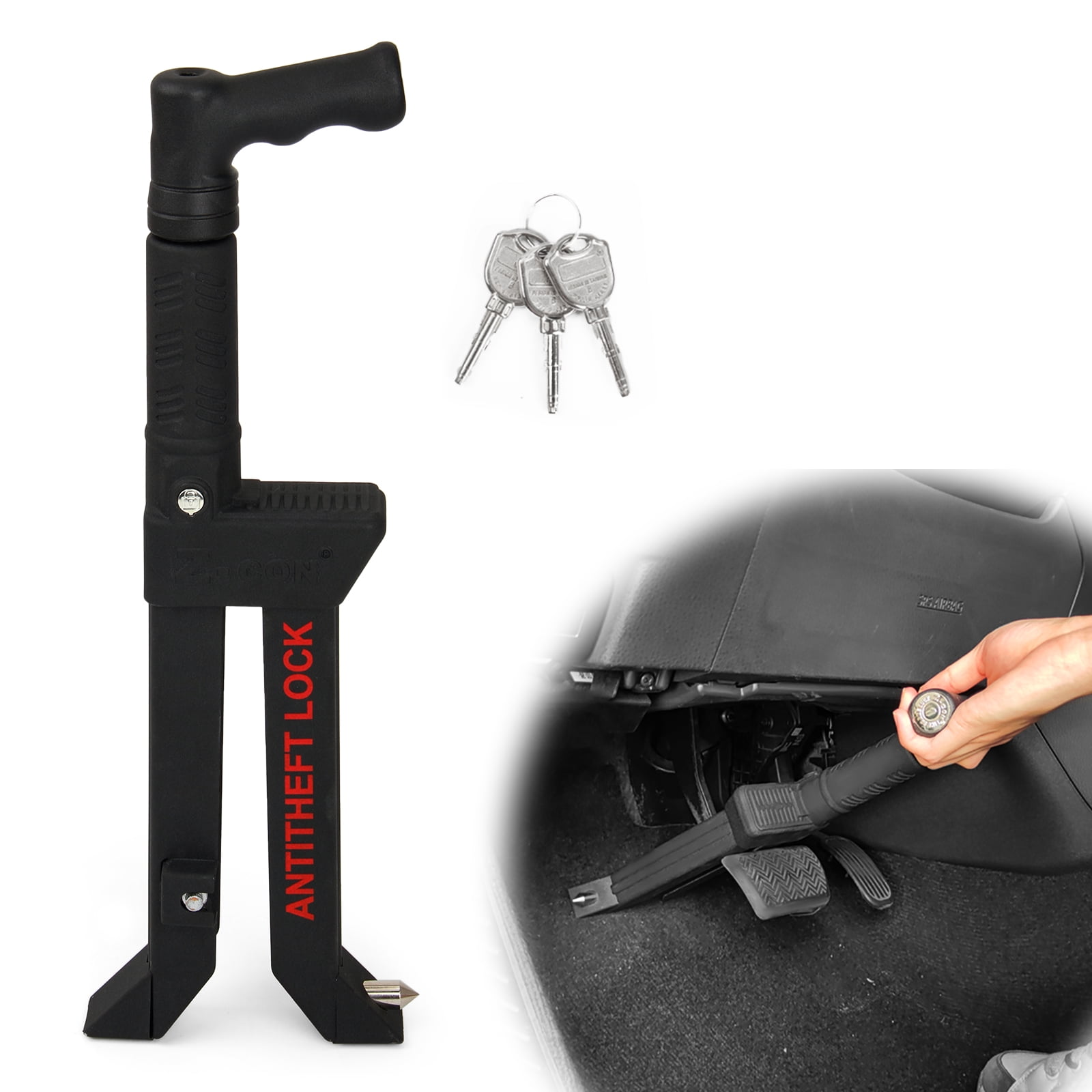 Brake Pedal Lock, Anti Theft Car Device Brake Clutch Lock, Universal Car Lock Security Protection for Truck/Auto/SUV/Van, with Escape Hammer Window Breaker and 3 Keys - Black