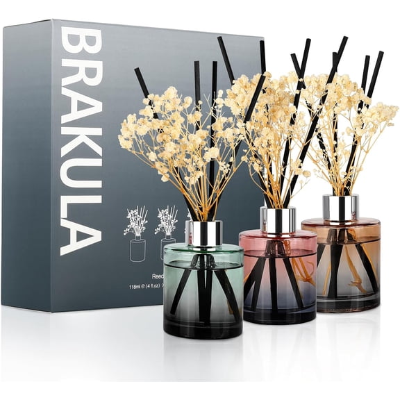 Brakula 3 Pack Reed Diffuser, Oil Diffuser Sticks, Fresh Linen, White Jasmine,Eucalyptus&Wild Mint, (4 fl oz Each Pack), Home Fragrance with 15 Stick, Shelf Decor, Reed diffusers for Home