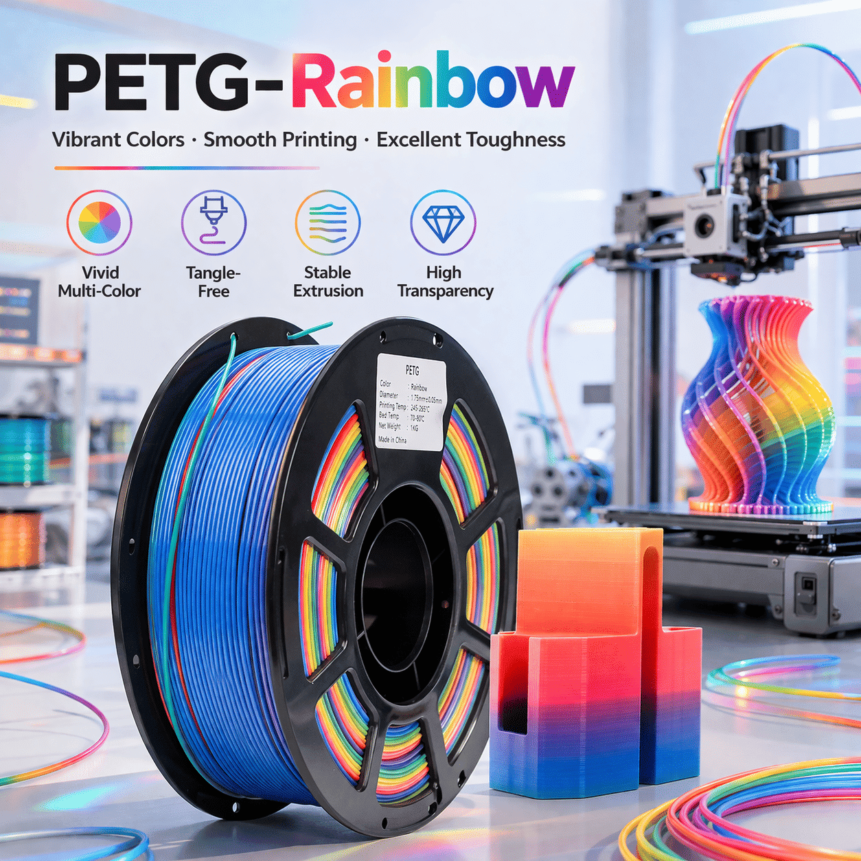 Brakzilon PETG 3D Printer Filament 1.75mm Rainbow Multicolor 250G Dimensional Accuracy +/-0.02mm for FDM Printer