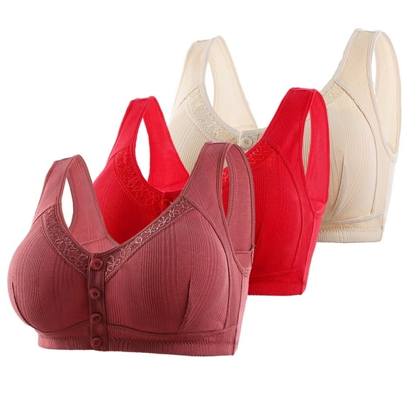 Bralettes for Women Fashion 3 Pack Wireless Cotton Bras for Older Women Front Closure High Support No Underwire Full Coverage Push up Bras Front Snaps Seniors Lace Everyday Bras Wine 46